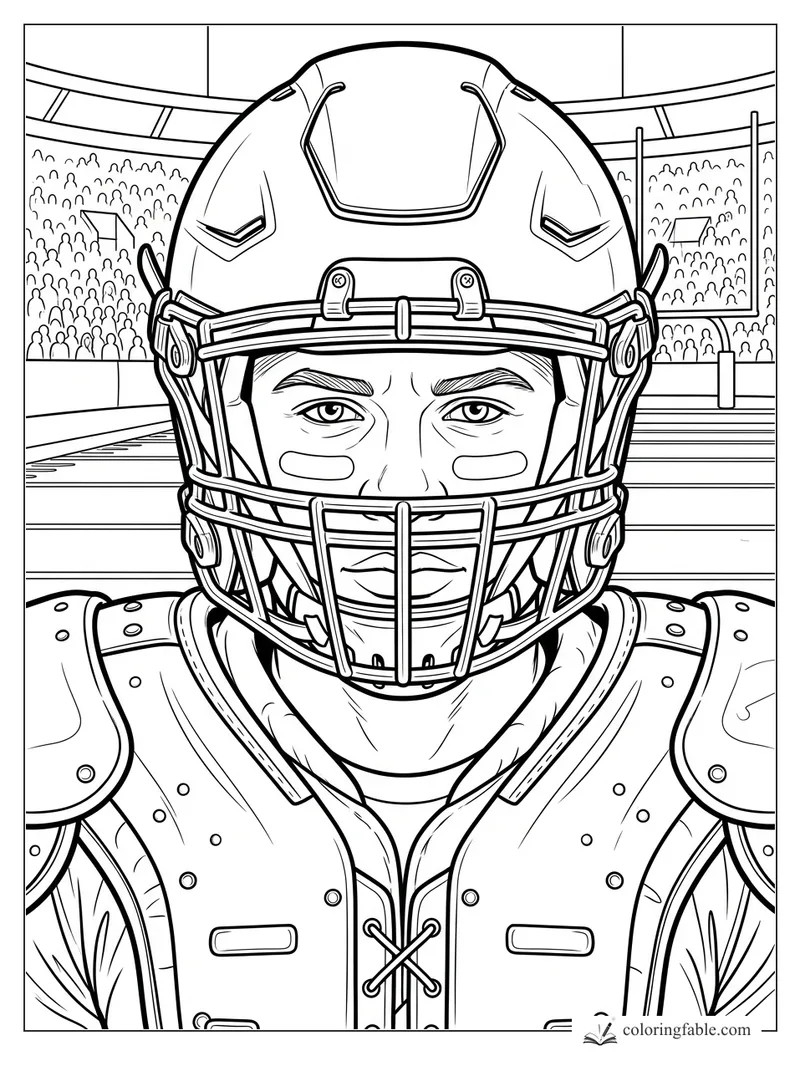 Realistic football player in helmet and pads staring ahead in a crowded stadium end zone.
