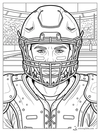 Realistic football player in helmet and pads staring ahead in a crowded stadium end zone.