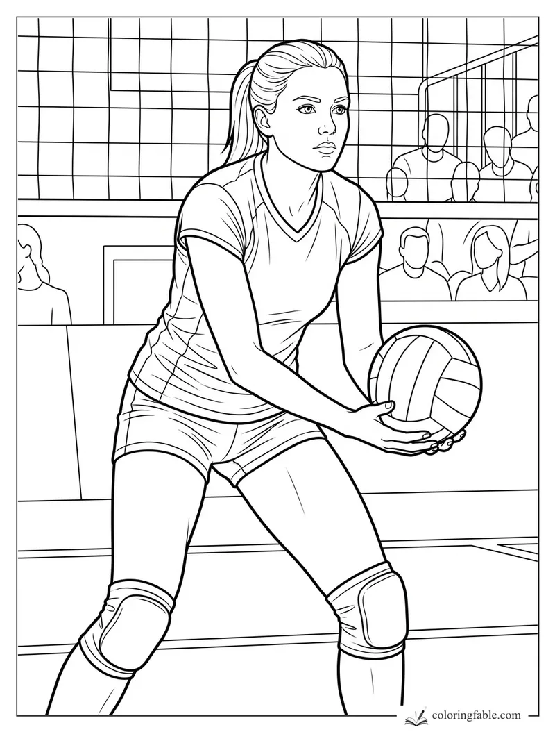 Realistic volleyball player holding a ball on an indoor court with net, knee pads, and spectators.