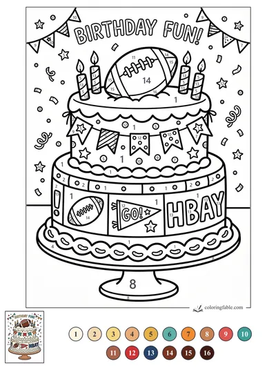 Football Birthday Cake with Pennants and Candles — color by number