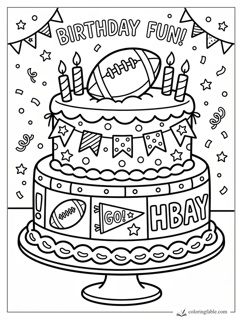 Football birthday cake coloring page with candles, pennants, confetti, stars, and Birthday Fun banner