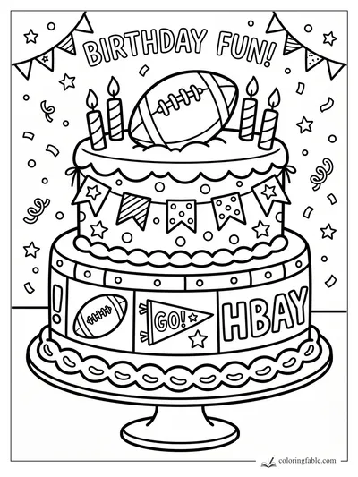 Football birthday cake coloring page with candles, pennants, confetti, stars, and Birthday Fun banner