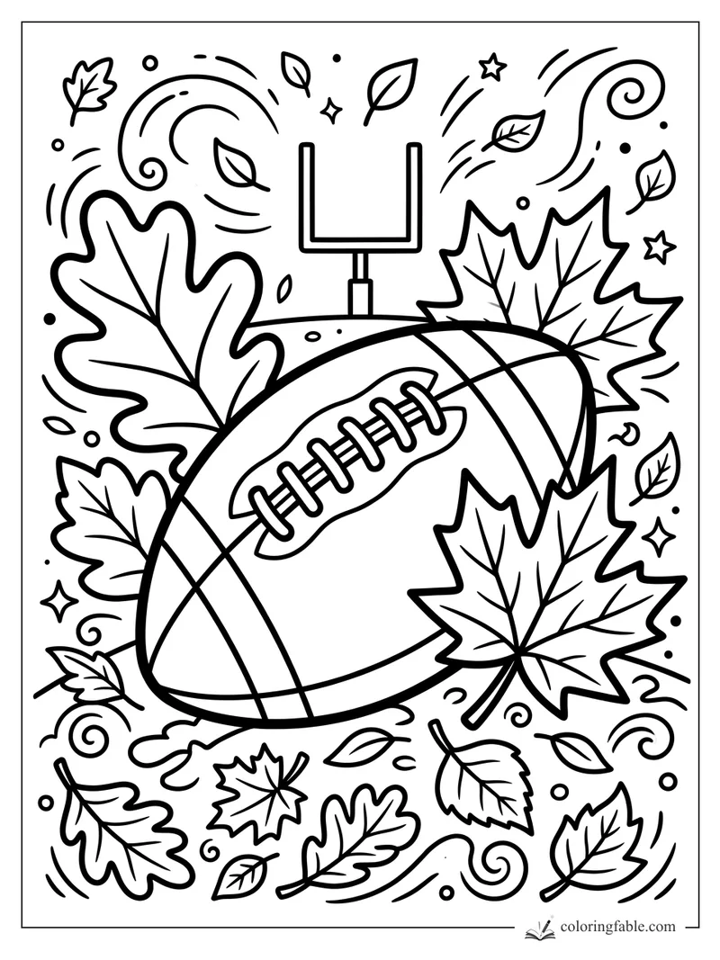 Easy fall football coloring page with goalpost, swirling wind, maple and oak leaves, and stars.