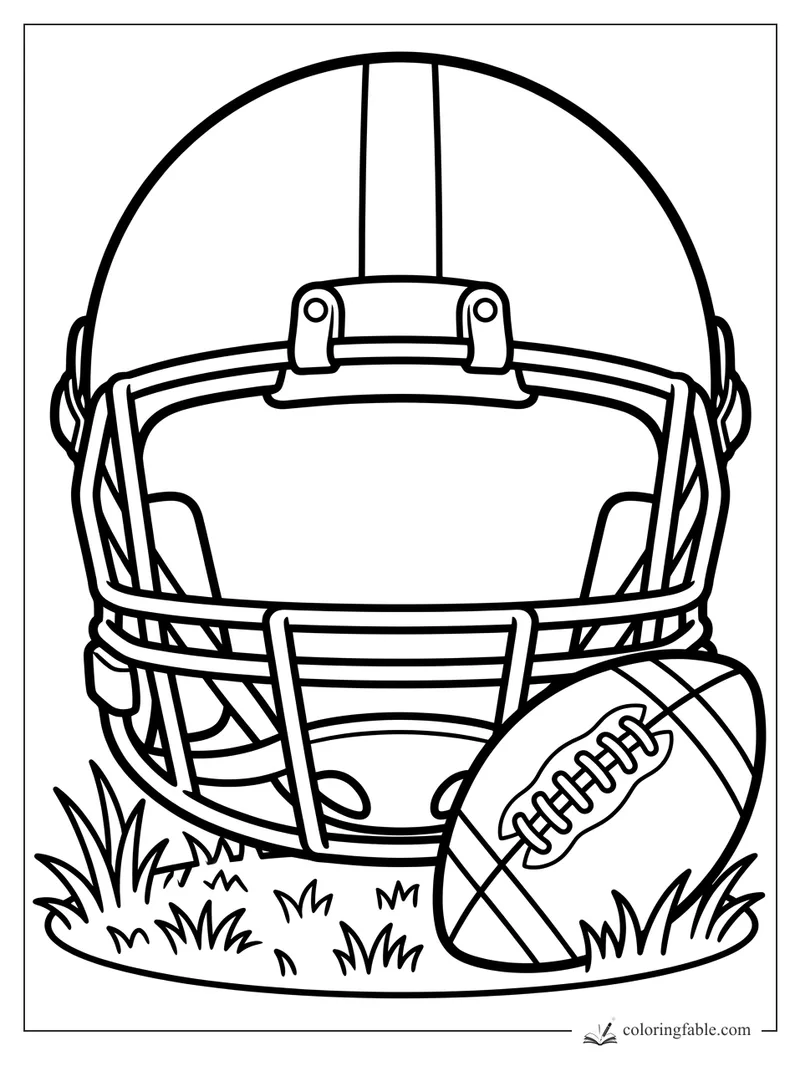 Easy coloring page of a football helmet with a face mask beside a laced football in grass.