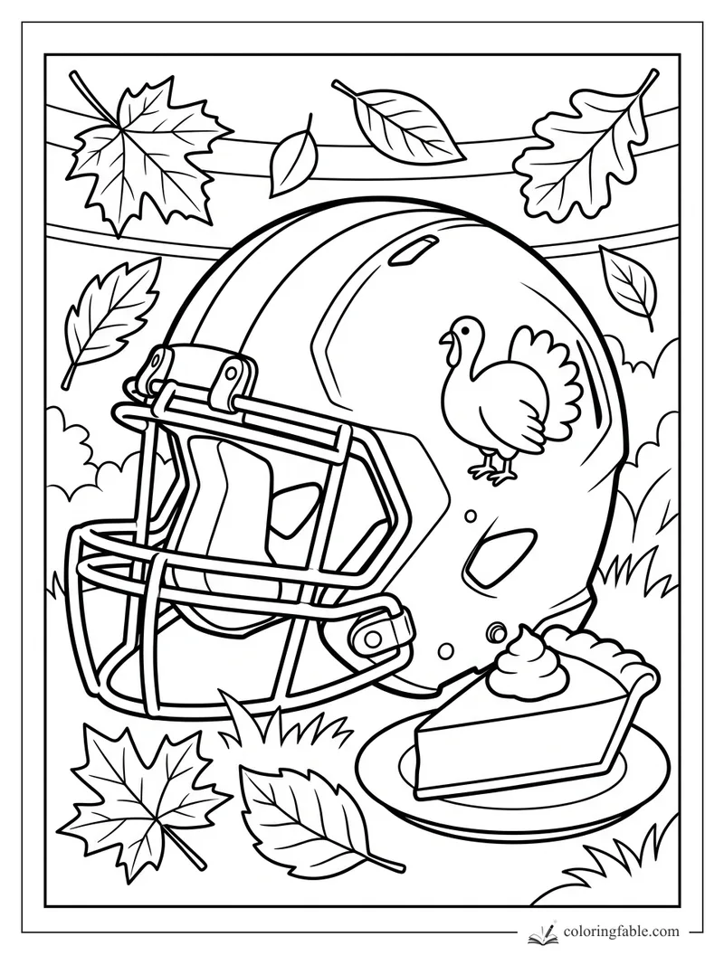 Thanksgiving football helmet with turkey sticker, pumpkin pie slice, grass, and falling leaves