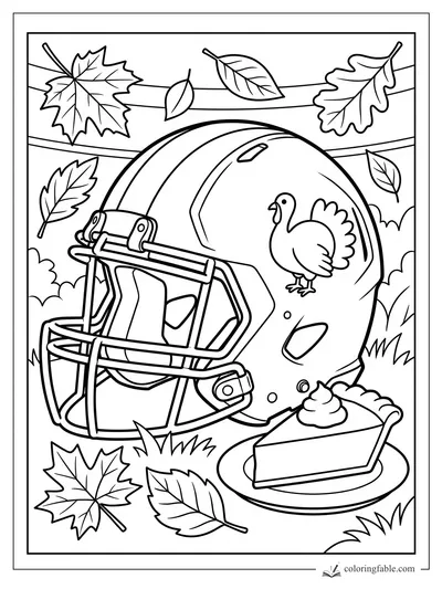 Thanksgiving football helmet with turkey sticker, pumpkin pie slice, grass, and falling leaves