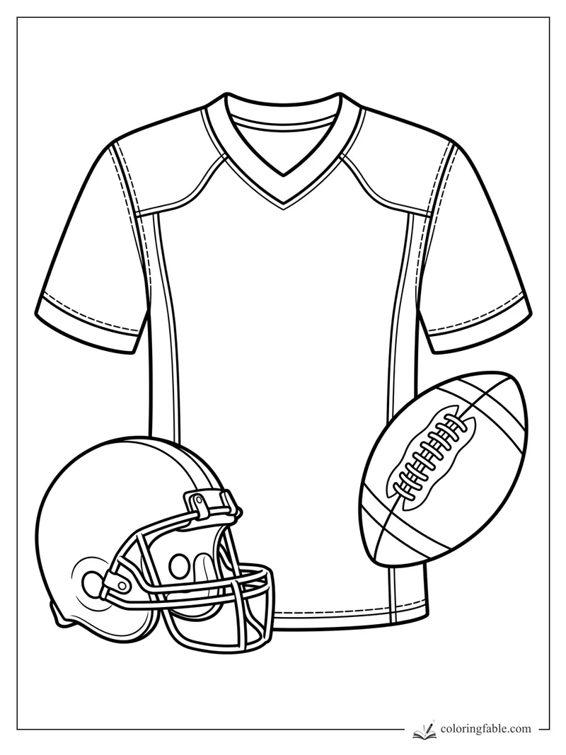 Football jersey with shoulder stitching, helmet with face mask, and laced football coloring page