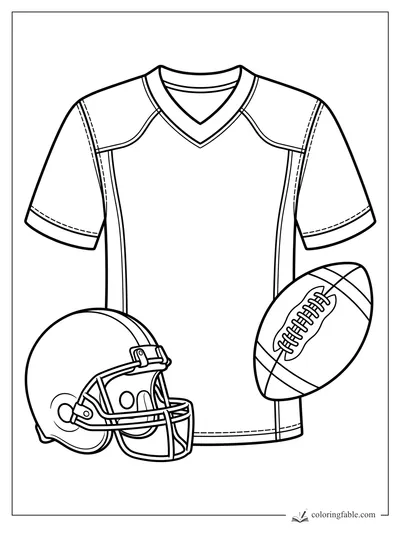 Football jersey with shoulder stitching, helmet with face mask, and laced football coloring page