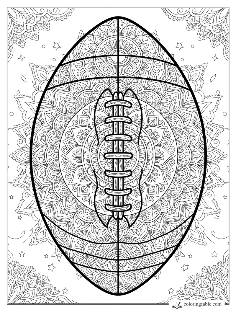 Intricate football mandala with bold laces, floral patterns, curved seams, stars, and corner ornaments
