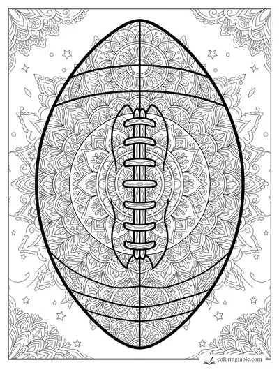 Intricate football mandala with bold laces, floral patterns, curved seams, stars, and corner ornaments