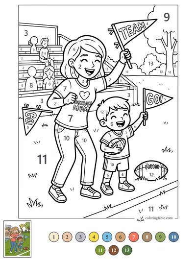 Football Mom and Young Fan Waving Team Flags — color by number