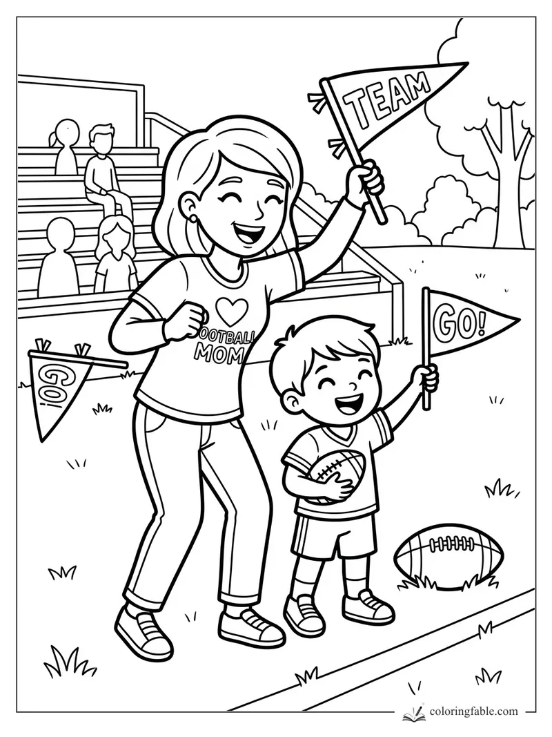 Football mom and smiling child wave TEAM and GO flags beside bleachers and footballs.