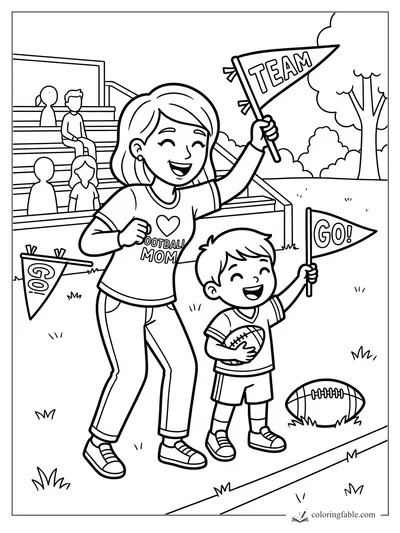 Football mom and smiling child wave TEAM and GO flags beside bleachers and footballs.