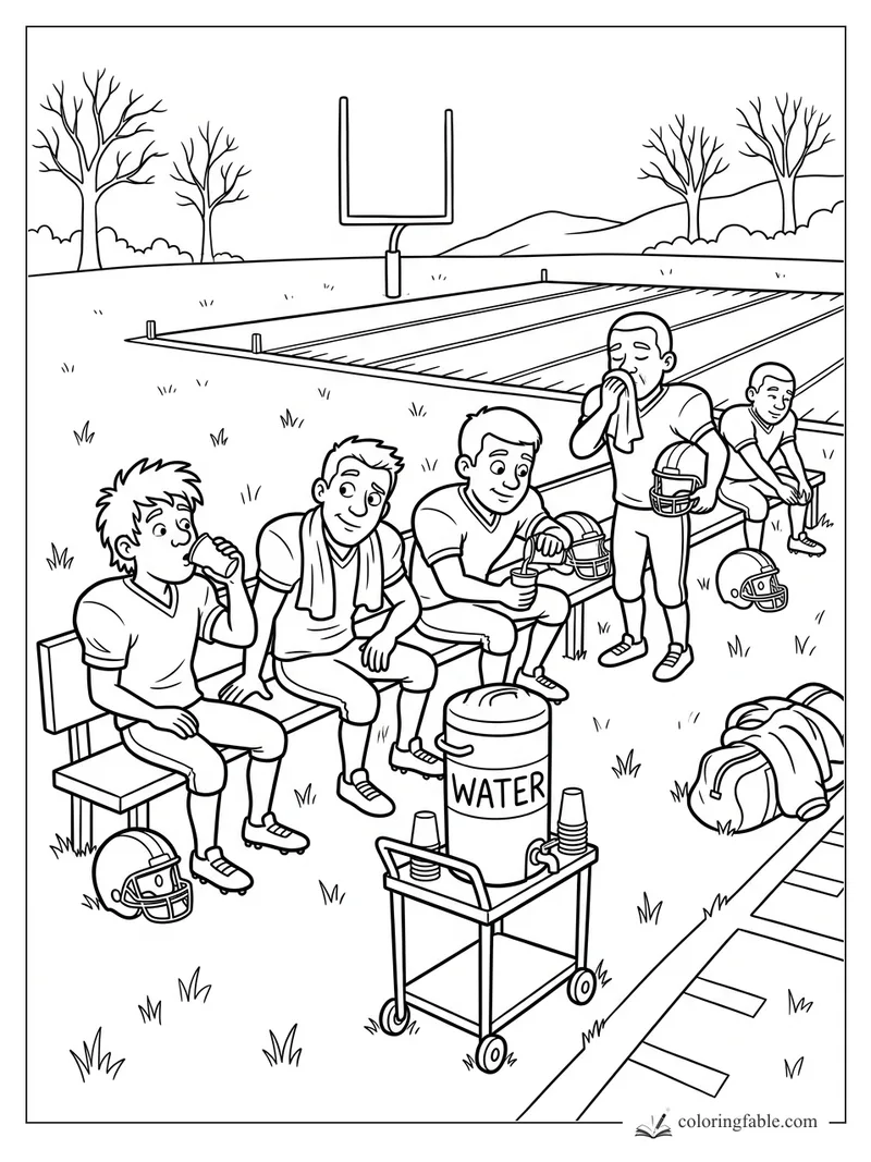 Cartoon football players resting on a bench with water cooler, helmets, goalpost, and practice field.