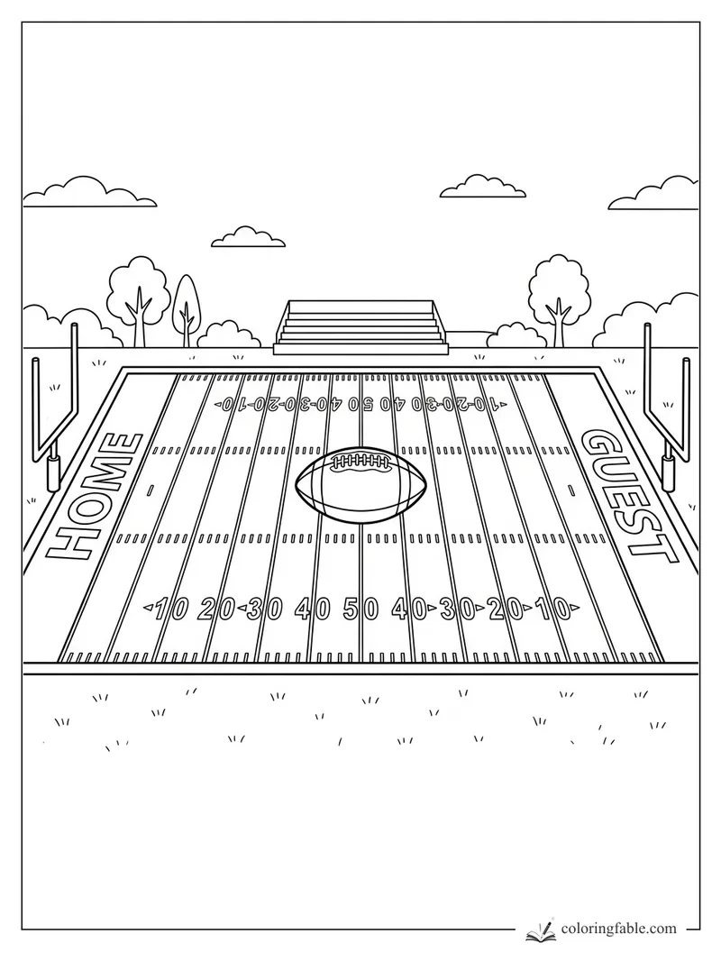 Football on the 50-yard line with goalposts, HOME and GUEST end zones, bleachers, trees, and clouds.