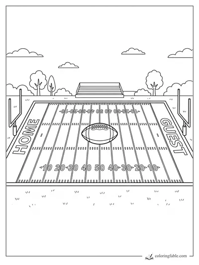 Football on the 50-yard line with goalposts, HOME and GUEST end zones, bleachers, trees, and clouds.