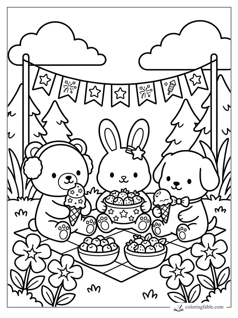 Bear, bunny, and puppy eating ice cream at a forest picnic under star bunting