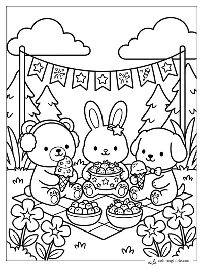 Bear, bunny, and puppy eating ice cream at a forest picnic under star bunting