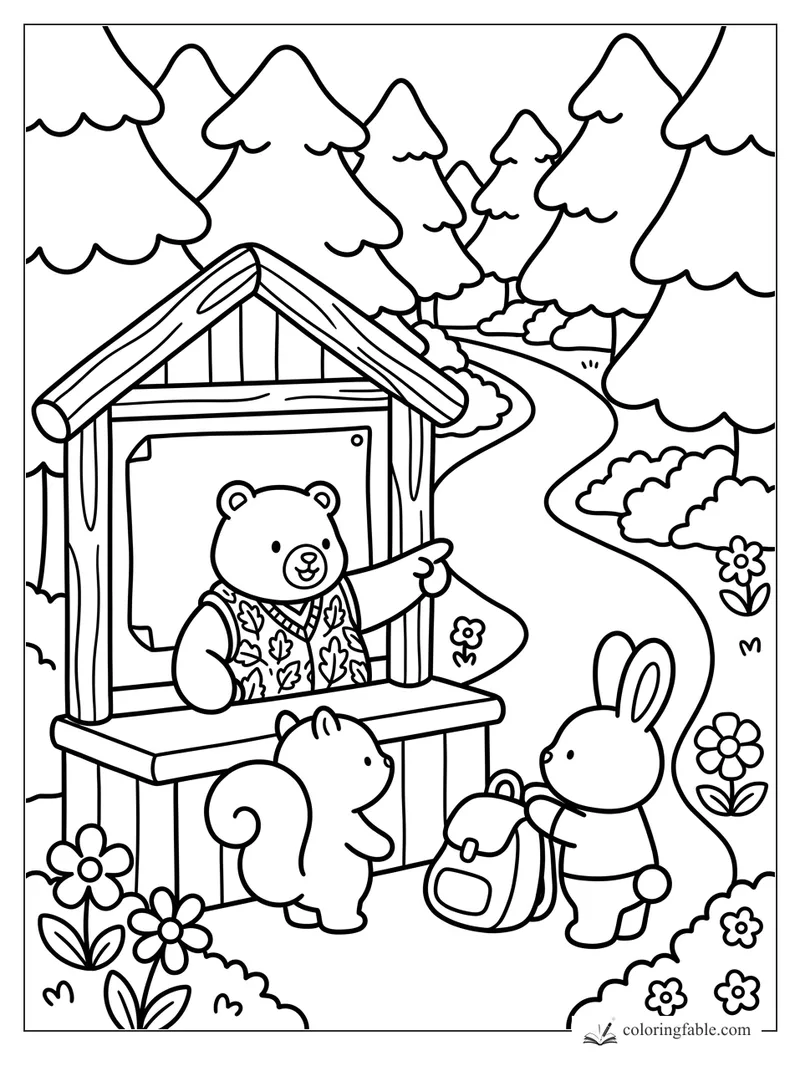 Bear at a wooden forest booth greeting a squirrel and rabbit on a winding pine trail coloring page
