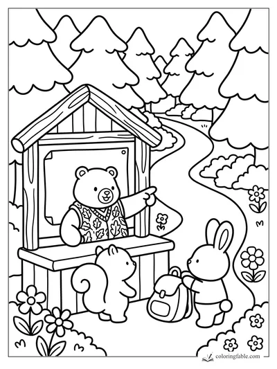 Bear at a wooden forest booth greeting a squirrel and rabbit on a winding pine trail coloring page