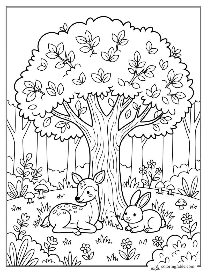 Cartoon forest tree coloring page with a resting spotted deer, rabbit, mushrooms, flowers, and leafy branches.