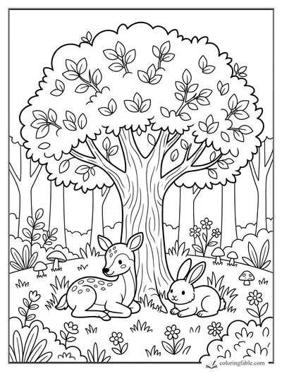 Cartoon forest tree coloring page with a resting spotted deer, rabbit, mushrooms, flowers, and leafy branches.