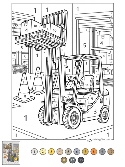 Forklift Lifting Pallet Boxes in the Warehouse — color by number