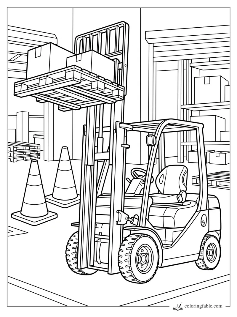 Forklift raising pallet boxes beside cones and stacked shelves in a warehouse coloring page