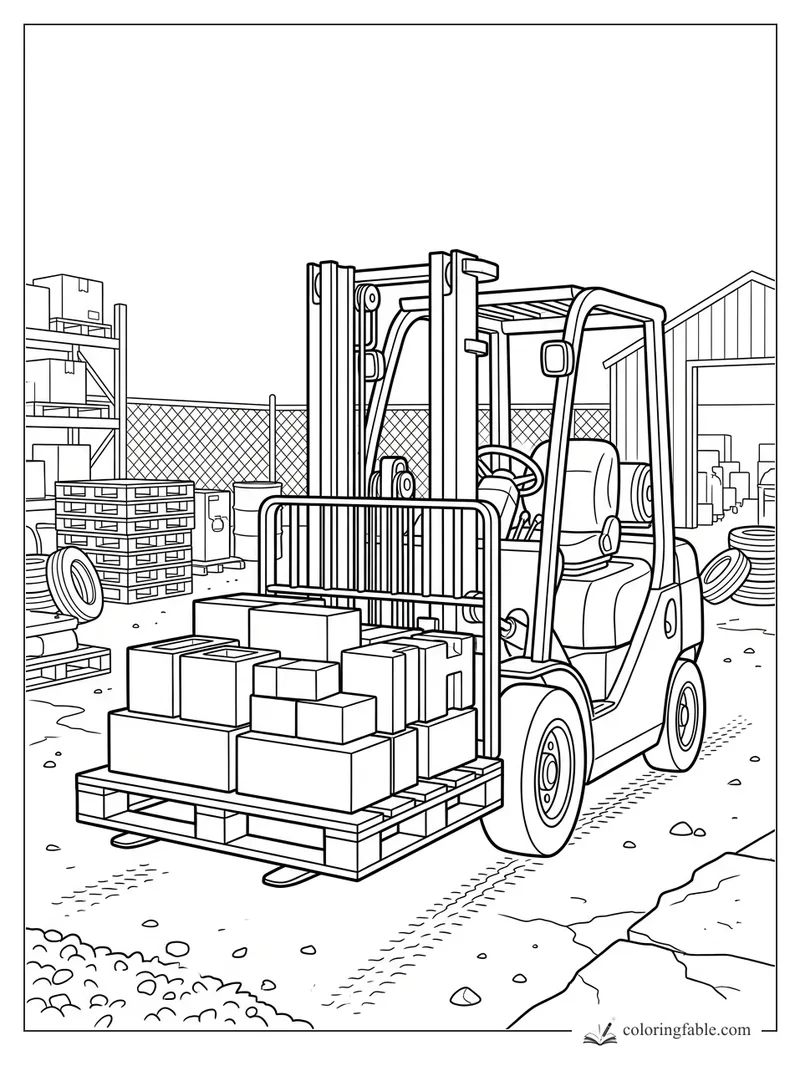 Forklift carrying a pallet of boxes in a fenced construction supply yard with shelves, tires, and a shed.