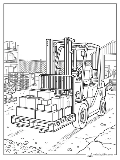 Forklift carrying a pallet of boxes in a fenced construction supply yard with shelves, tires, and a shed.