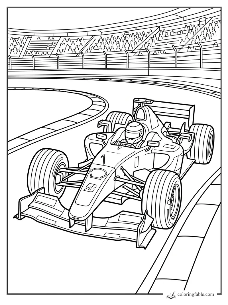 Formula race car with driver on a curved stadium track in front of packed grandstands