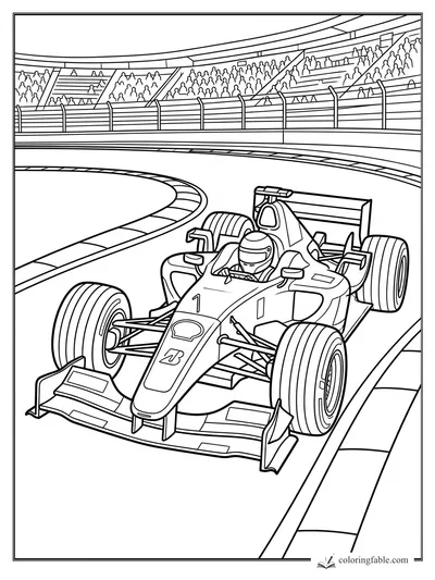Formula race car with driver on a curved stadium track in front of packed grandstands