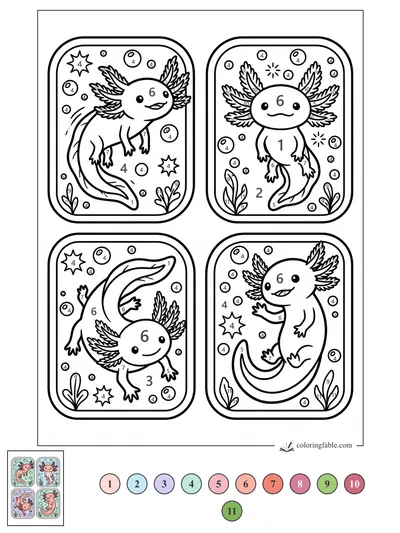 Four Bubble-Card Axolotl Stickers — color by number