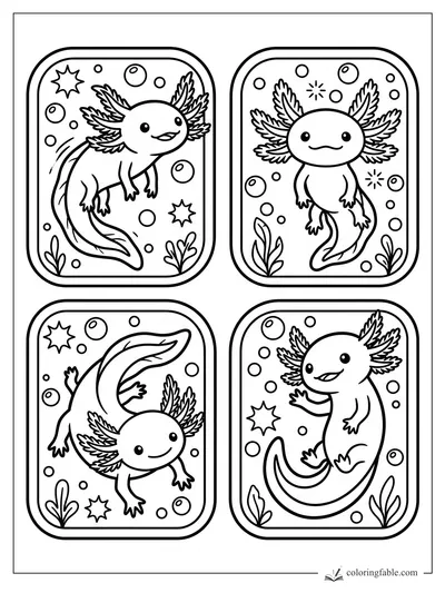 Four axolotl sticker cards with bubbles, water plants, starbursts, and feathery gills.