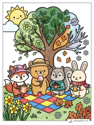 Four Friends Under a Four-Season Tree — colored example