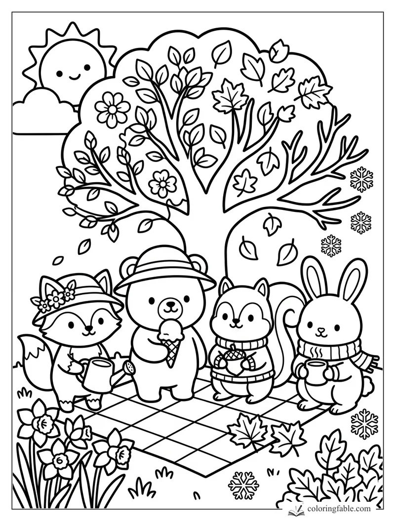 Cute fox, bear, squirrel, and bunny share treats under a tree with flowers, leaves, sun, and snowflakes.