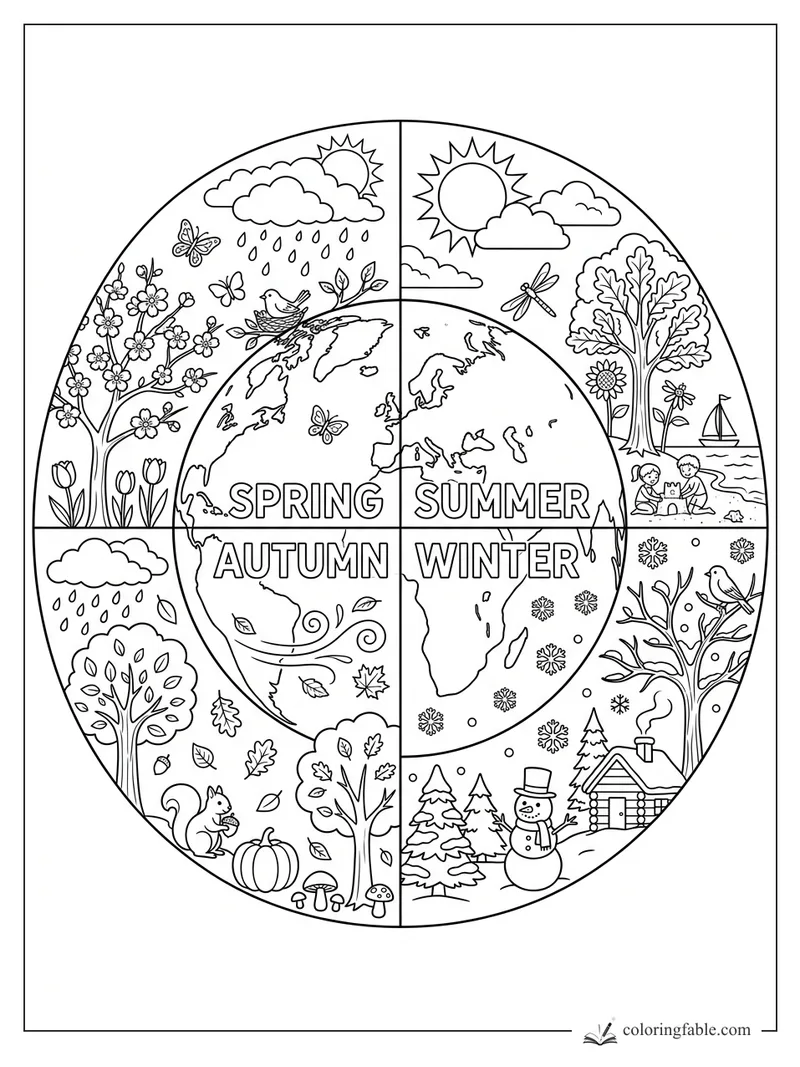 Earth divided into spring, summer, autumn, and winter scenes with flowers, beach, leaves, snowman, and cabin