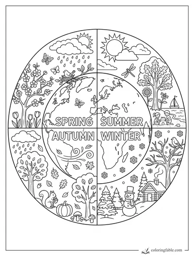 Earth divided into spring, summer, autumn, and winter scenes with flowers, beach, leaves, snowman, and cabin