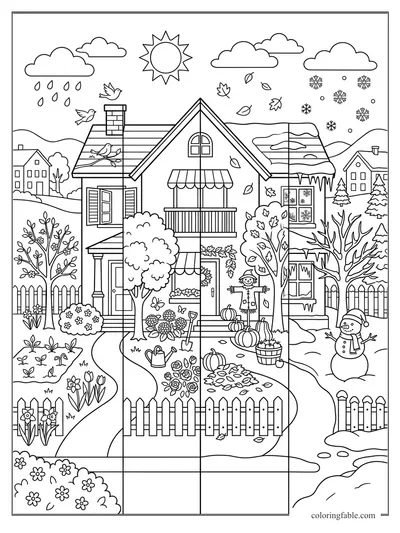 House divided into spring, summer, fall, and winter scenes with birds, leaves, pumpkins, and snowman.