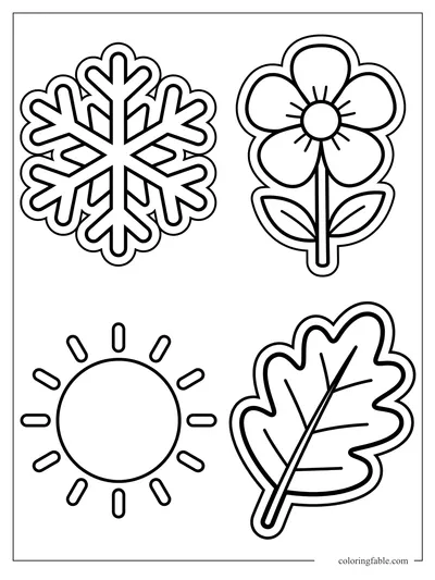 Easy sticker coloring page with a snowflake, flower, sun, and oak leaf for the four seasons.
