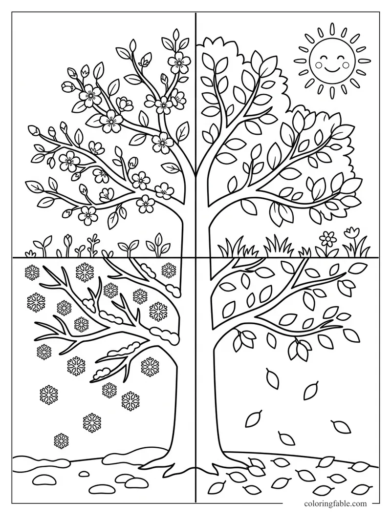 Tree divided into spring blossoms, summer sun, fall leaves, and winter snowflakes coloring page
