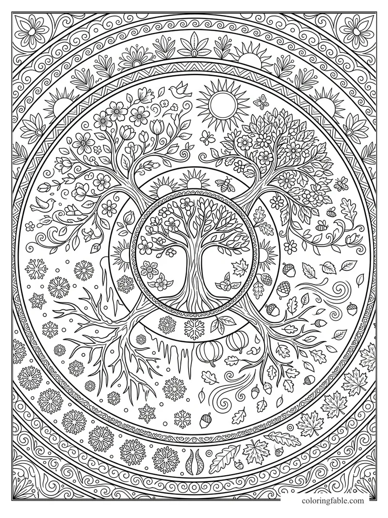 Intricate four seasons mandala with trees, sun, flowers, snowflakes, leaves, pumpkins, birds, and bees