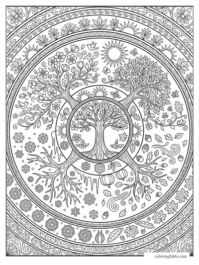 Intricate four seasons mandala with trees, sun, flowers, snowflakes, leaves, pumpkins, birds, and bees