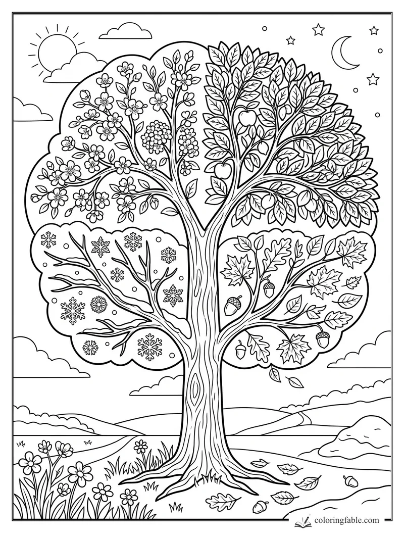 Four seasons tree coloring page with spring flowers, summer apples, autumn acorns, winter snowflakes, sun and moon