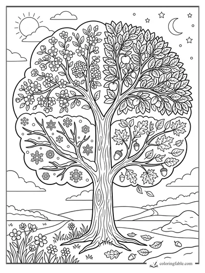 Four seasons tree coloring page with spring flowers, summer apples, autumn acorns, winter snowflakes, sun and moon