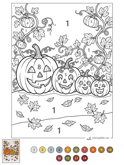 Four Smiling Jack-o'-Lanterns Under Twisting Pumpkin Vines — color by number