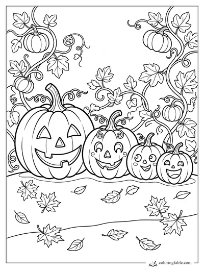 Four smiling jack-o'-lanterns with curling vines, mini pumpkins, and falling autumn leaves