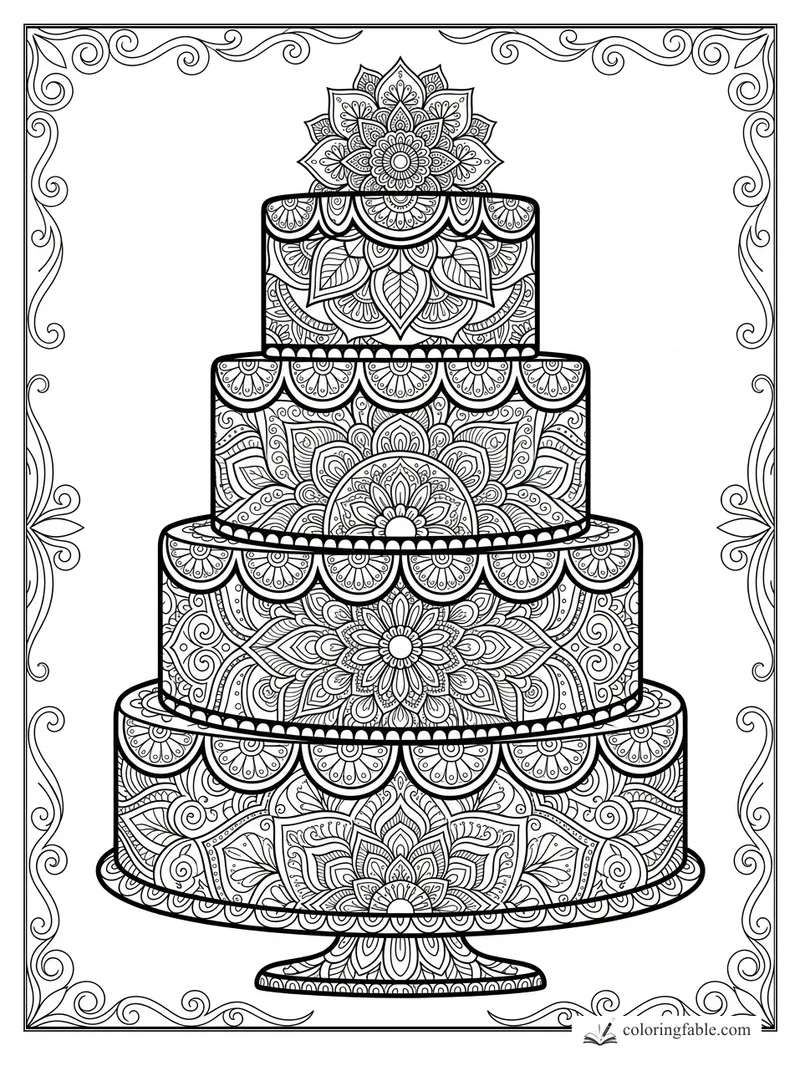 Intricate four-tier mandala cake with floral topper, scalloped icing, and swirling border