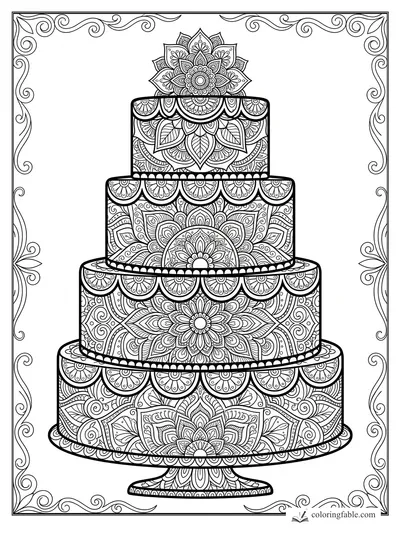 Intricate four-tier mandala cake with floral topper, scalloped icing, and swirling border