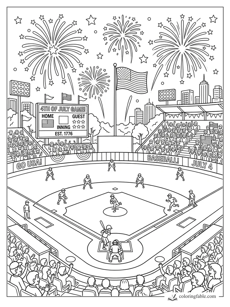 Cartoon July 4 baseball game with fireworks, U.S. flag, scoreboard, crowd, batter, pitcher, and fielders.